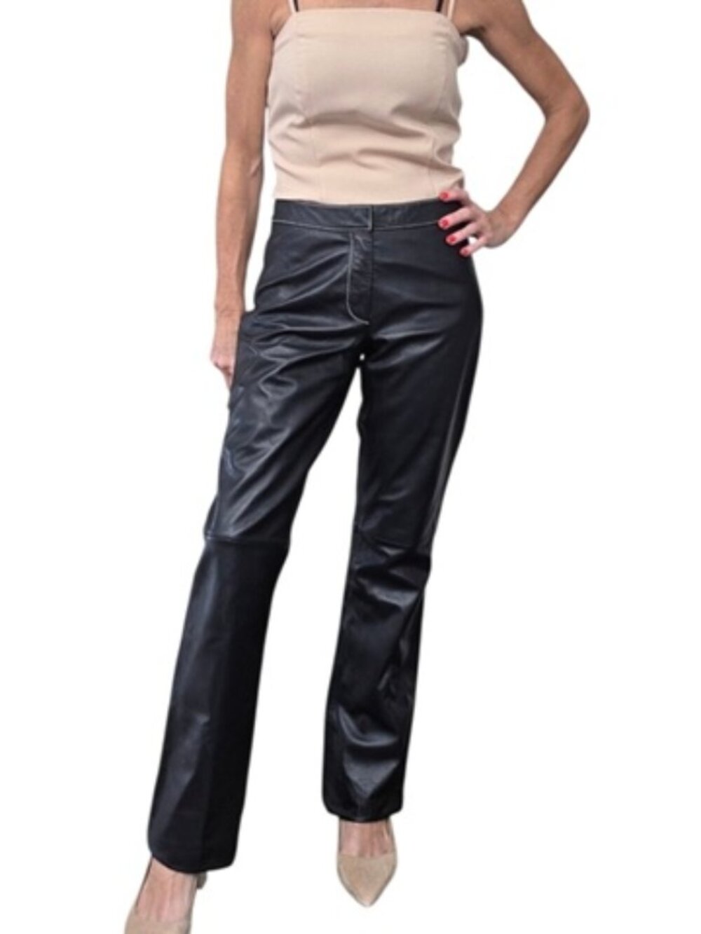 Vintage 90s Cache Black Leather Pants Contrast Stitch Size 4